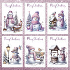 Set of six Christmas cards featuring snowmen in winter scenes with trees, benches, and lanterns.