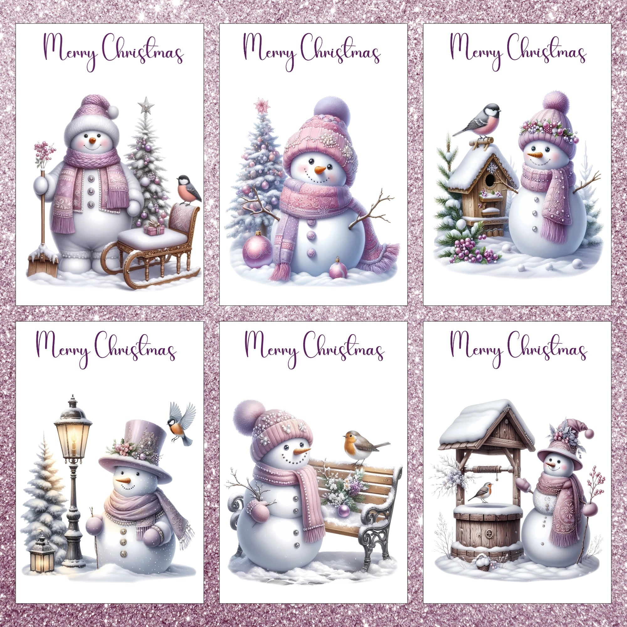 Set of six Christmas cards featuring snowmen in winter scenes with trees, benches, and lanterns.