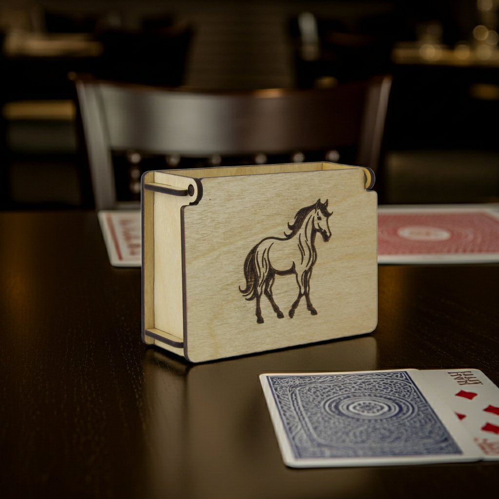 Wooden box with a horse design on a table with playing cards