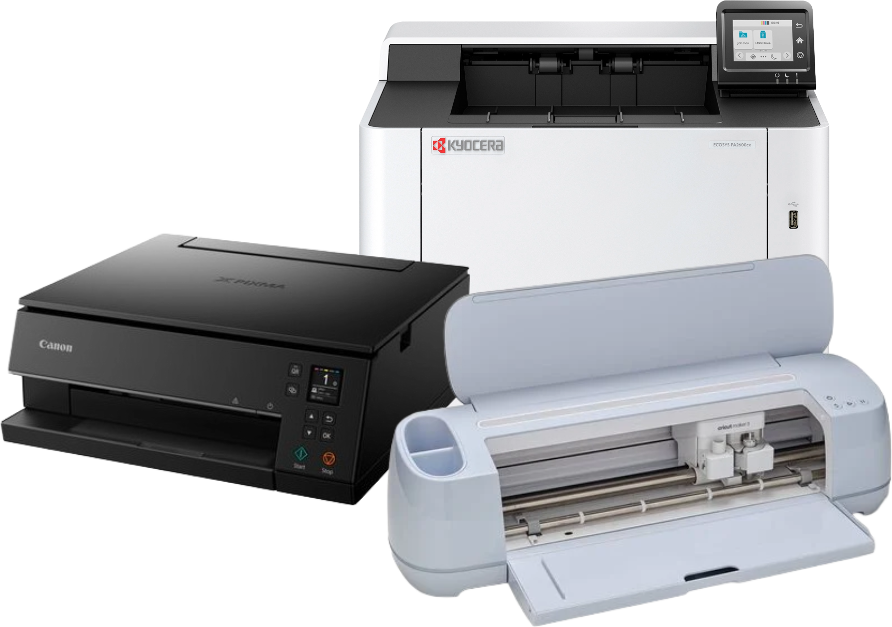 Three office printers from different brands on a transparent background