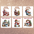Set of six Christmas cards with snowmen and text on a glittery gold background