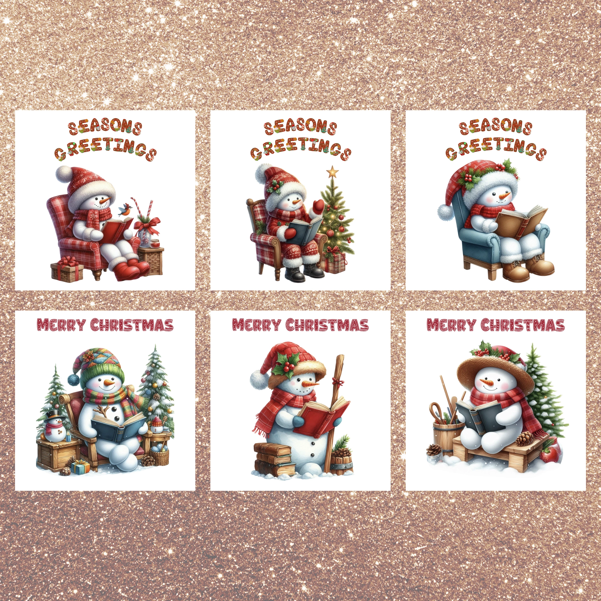 Set of six Christmas cards with snowmen and text on a glittery gold background