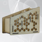 Wooden remote control holder with geometric cutout design on a light gray background