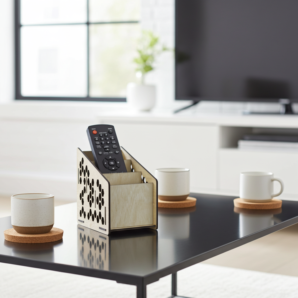 Wooden remote control holder on coffee table with cups and TV in background