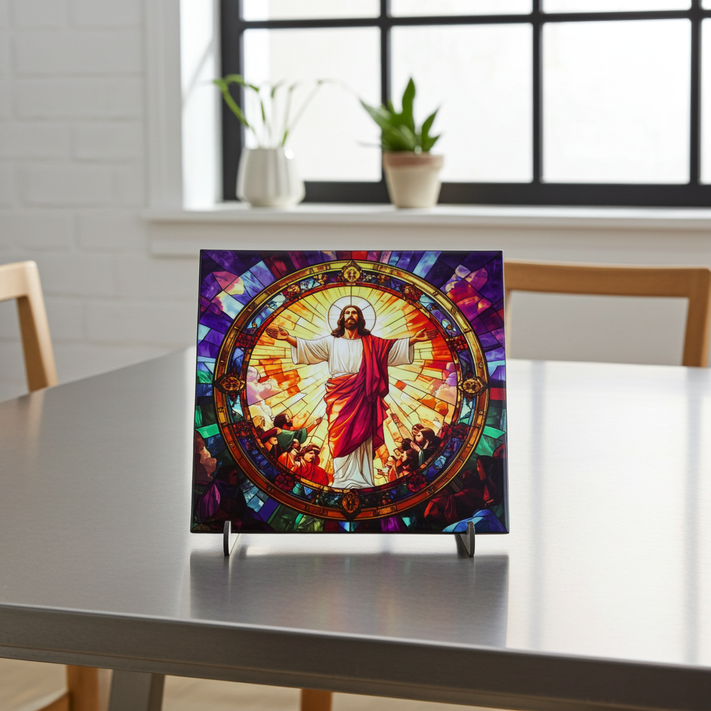 Decorative trivet with stained glass design of a religious figure on a table.