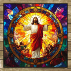 Stylized depiction of a religious figure with a colorful, stained-glass-like frame on a wooden background.