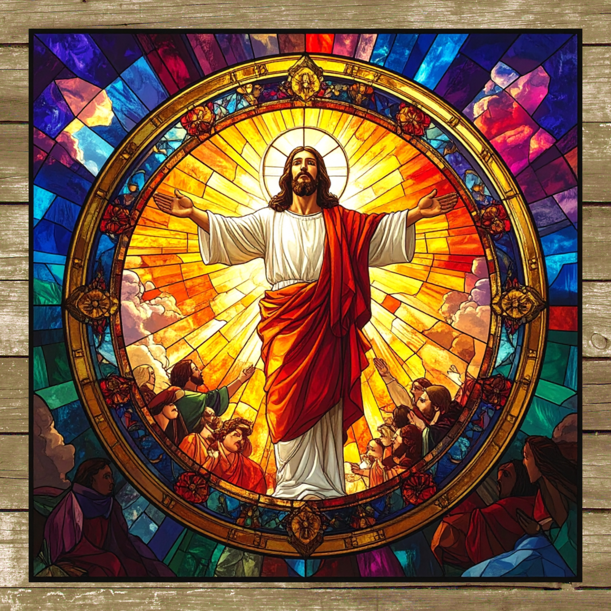 Stylized depiction of a religious figure with a colorful, stained-glass-like frame on a wooden background.