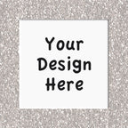 Placeholder design with 'Your Design Here' text on a white square coaster against a silver glittery background