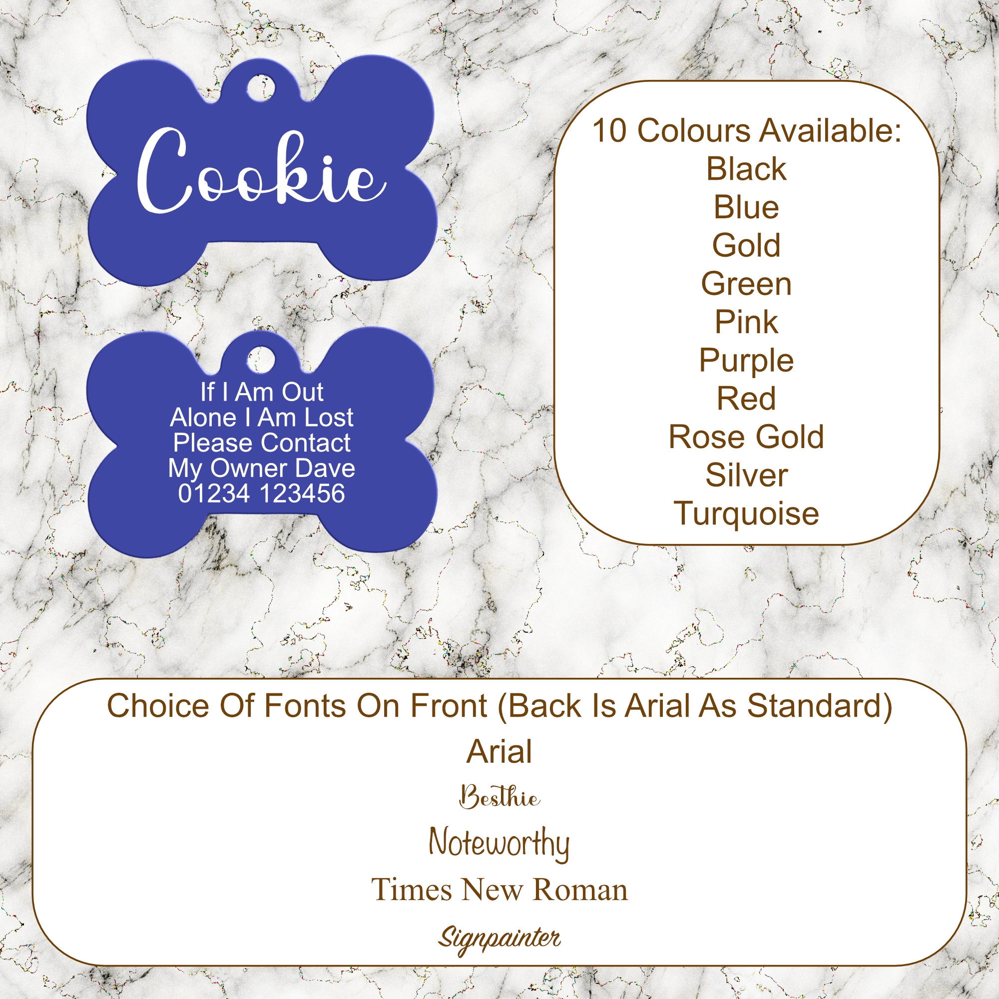 Dog tag design with customizable text on a marble background