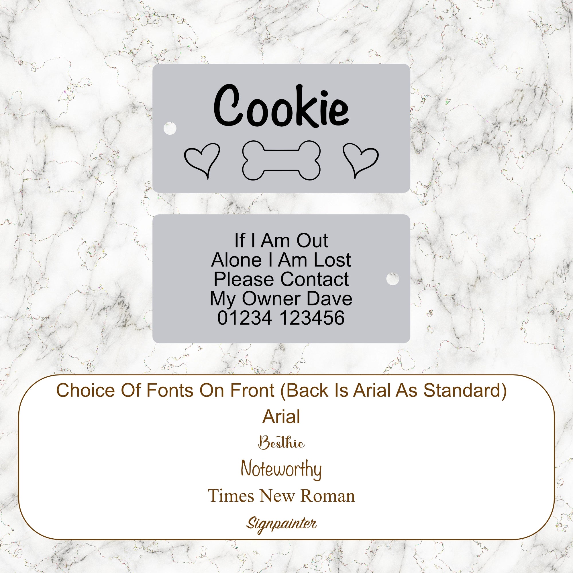 Rectangular shaped pet tag with wording on front and back