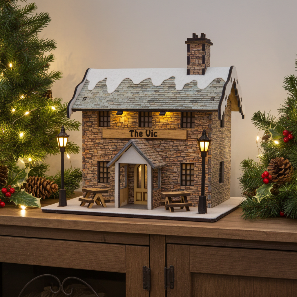 Wooden model of a village pub on a sideboard surrounded by Christmas decoration