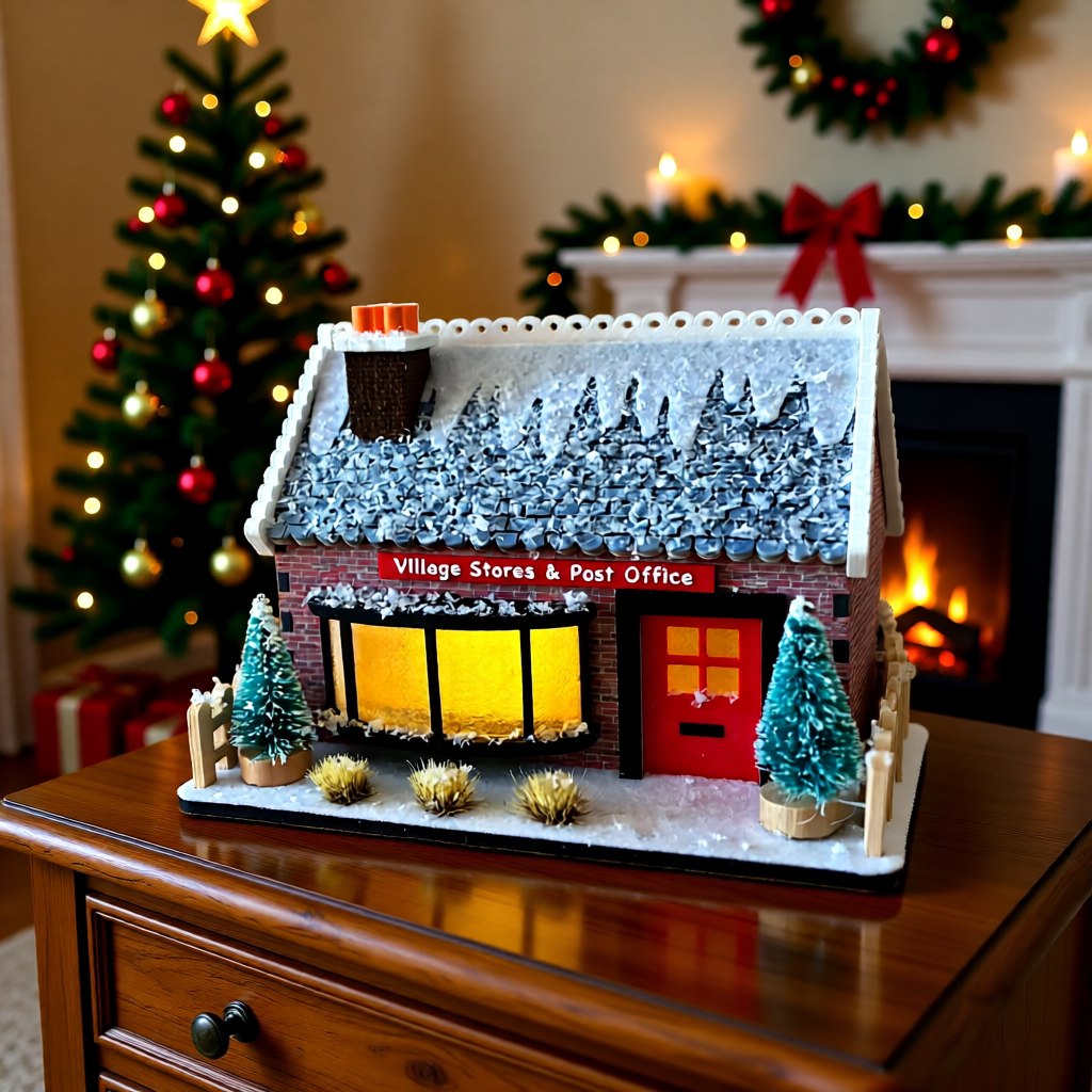 A Christmas-themed miniature building set on a wooden table, featuring a snow-covered roof, glowing windows, a red door, and small decorated trees, with a fireplace and Christmas tree in the background.