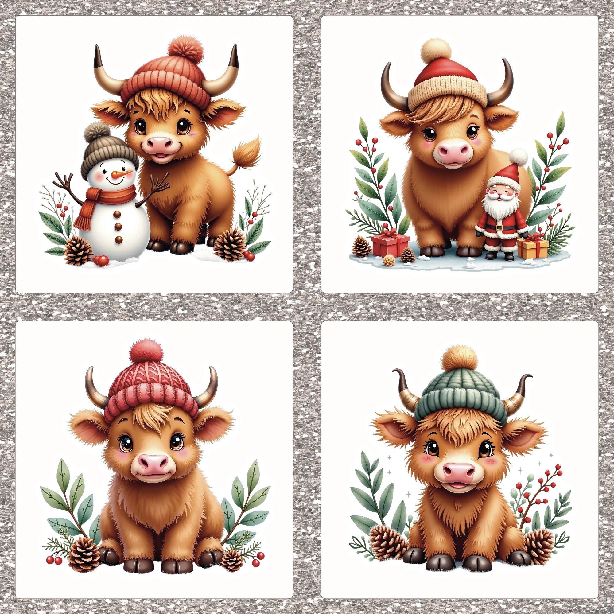 Four illustrations of a cartoon cow wearing winter hats with festive elements on a textured background.