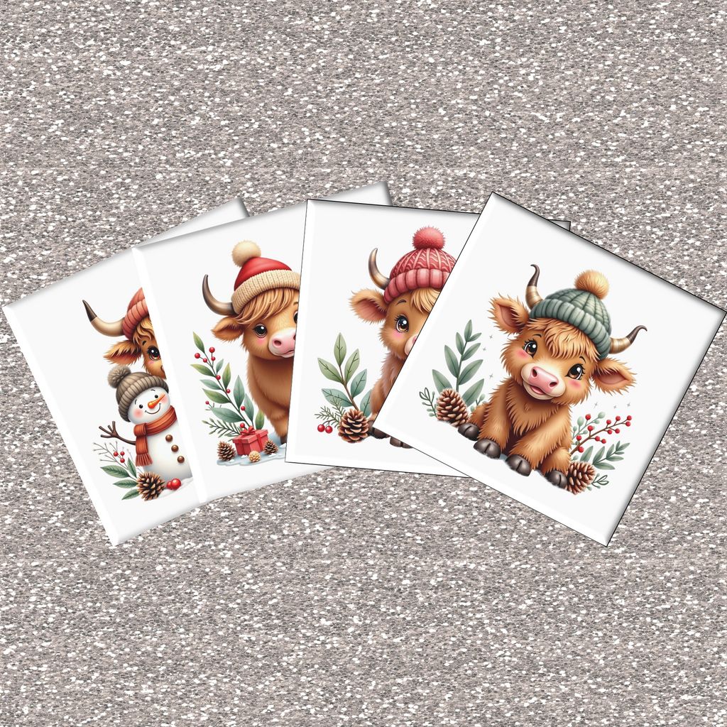 Four Christmas-themed coasters with cartoon Highland cows wearing hats on a glittery silver background.