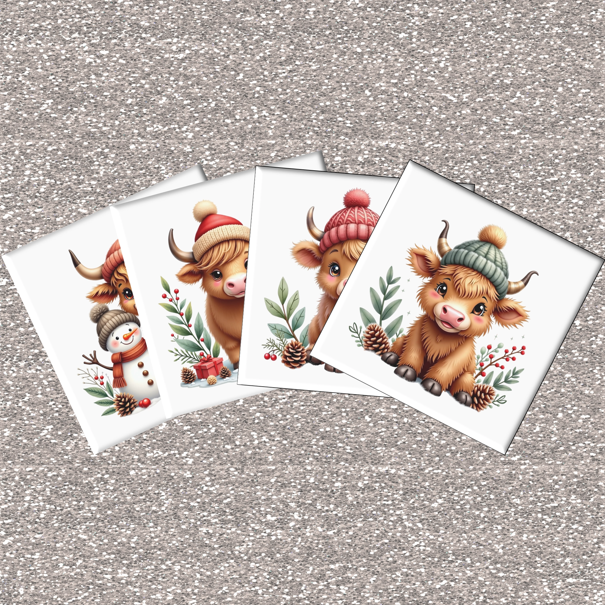 Four Christmas-themed coasters with cartoon Highland cows wearing hats on a glittery silver background.