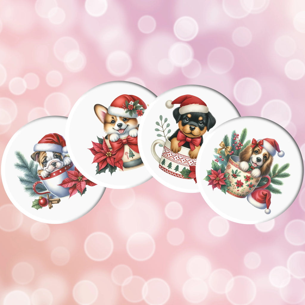 Four Christmas-themed dog coasters on a pink background with white bokeh circles.