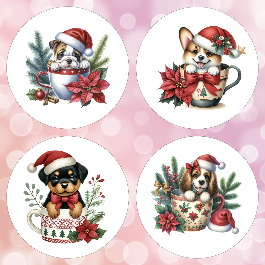 Four Christmas-themed coasters with dogs in cups on a pink background