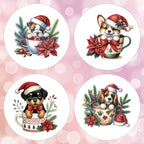 Four Christmas-themed coasters with dogs in cups on a pink background
