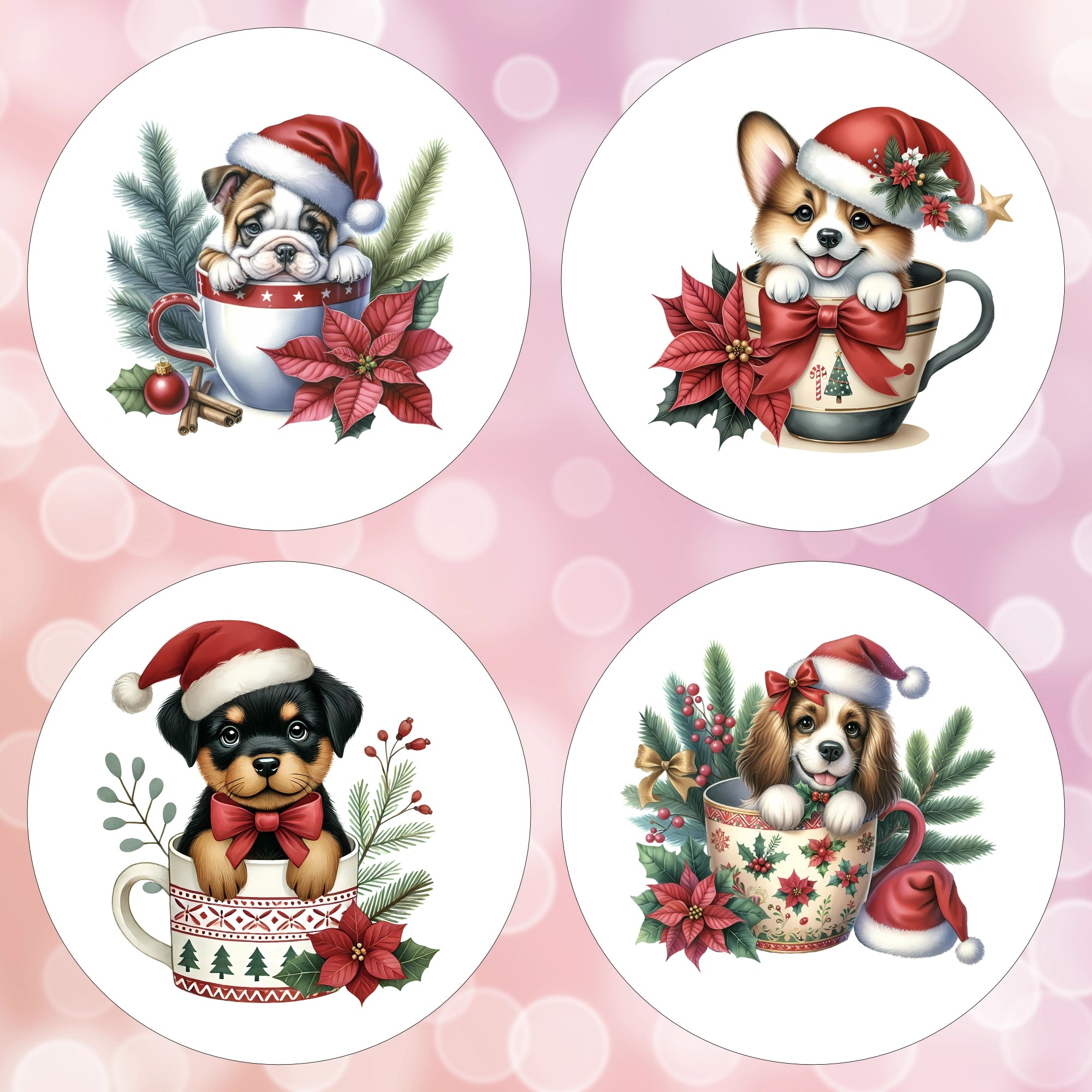 Four Christmas-themed coasters with dogs in cups on a pink background